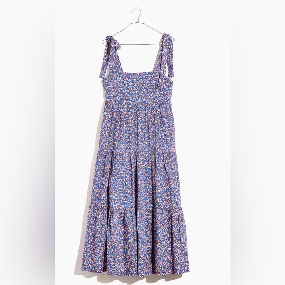 NWT Madewell Tie-Strap Tiered Midi Dress in Summer Vines, Blue & Red, Size S